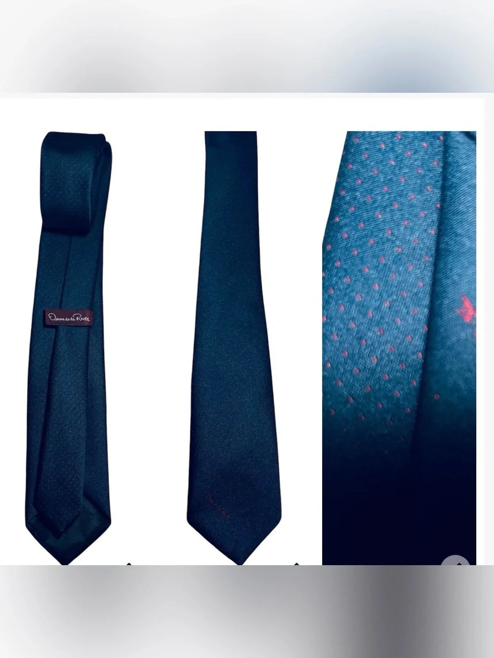 🧣Oscar de la Renta vintage Tie Navy Blue Red Polka Micro Dot Classic Logo